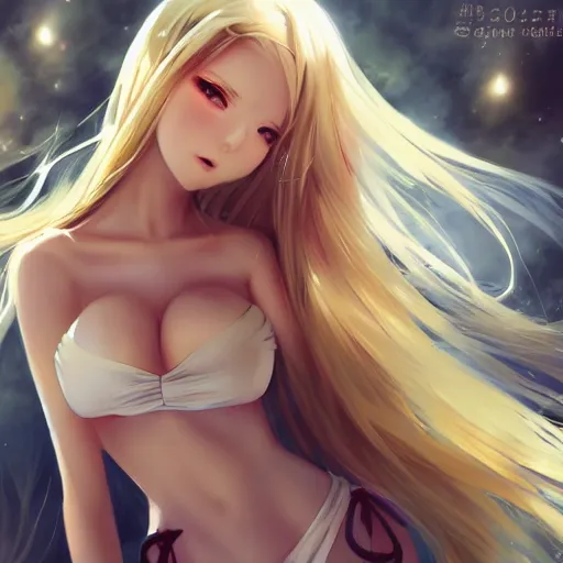Prompt: a very beautiful young anime girl with 2 0 meters extremely long blond hair, full body, extremely long wavy 2 0 meters long blond hair, sky blue eyes, full round face,, bikini, miniskirt, front shot, extremely long thick blond hair, highly detailed, cinematic wallpaper by stanley artgerm lau