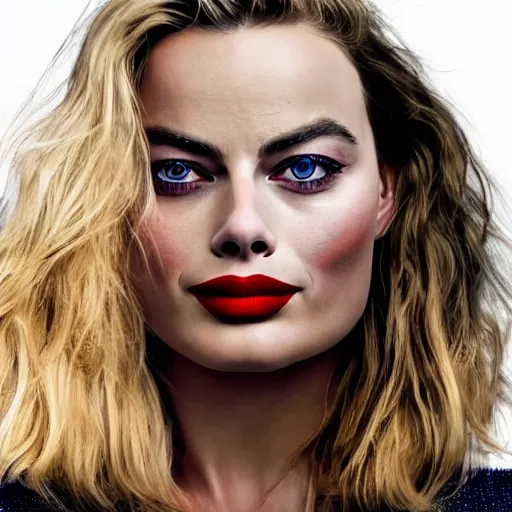 Prompt: margot robbie portrait with red clown nose, space in the background, realistic facial features, beautiful face, sharp, 4k, HD