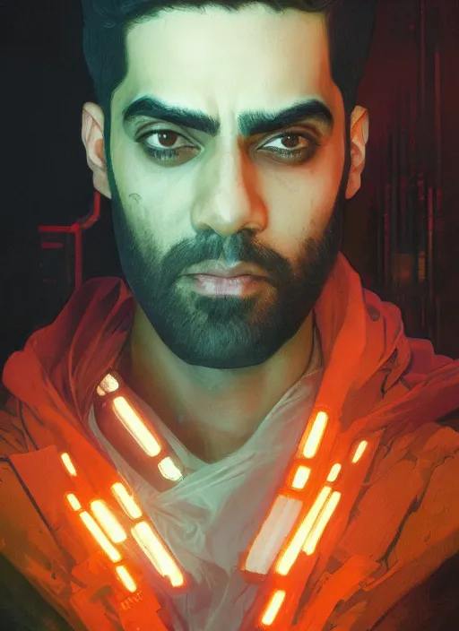 Prompt: a full body portrait oil painting illustration of rahul kohli by justin sweet and greg rutkowski and alphonse mucha with face and body clearly visible, techwear, futuristic, cyberpunk, artstation trending, high quality, sombre mood, artstation trending, abstract colours, no crop, entire character!,