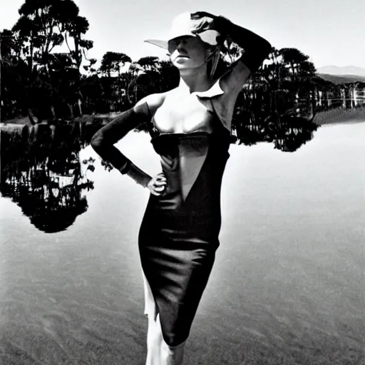 Prompt: a portrait of a character in a scenic environment by Helmut Newton