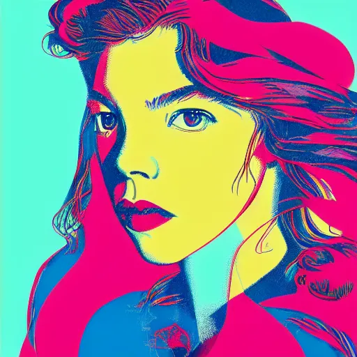 Image similar to beautiful female anya taylor - joy portrait in detail in block colour by james jean, by andy warhol, by roy lichtenstein