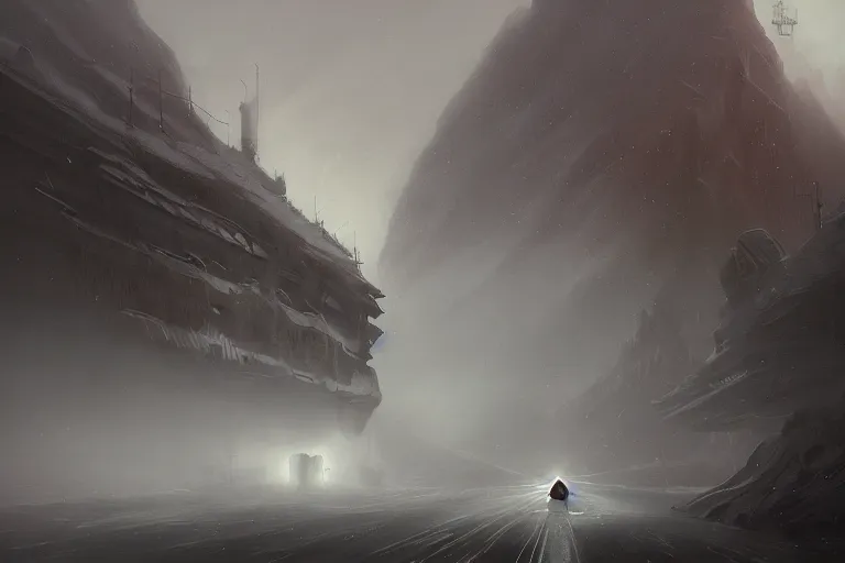 Image similar to jakub rosalski a magical animation from a video game of a spaceship hovering over a foggy snow covered landscape, by greg rutkowski and frank frazetta and peter mohrbacher and william blake and dan mumford, volumetric lighting, cinematic lighting, insanely detailed, intricate, artstation, cgsociety, painted by Simon Stalenhag, concept art, illustration, sharp focus