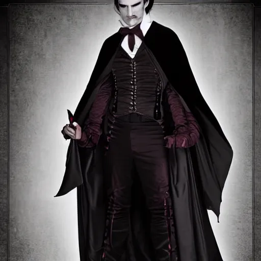 Prompt: a vampire, male, late - 4 0 s aged, long, slicked black hair, clean shaven, wearing a cape, regal, royal, grim facial expression, high fantasy, full color digital art, cinematic shot, full body shot.