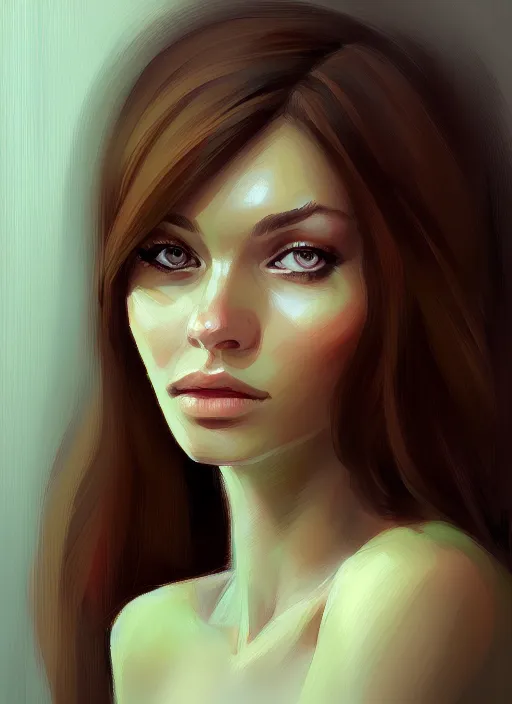 Prompt: portrait of a gorgeous young woman in the style of stefan kostic, green eyes, long brown hair, artstation, concept art