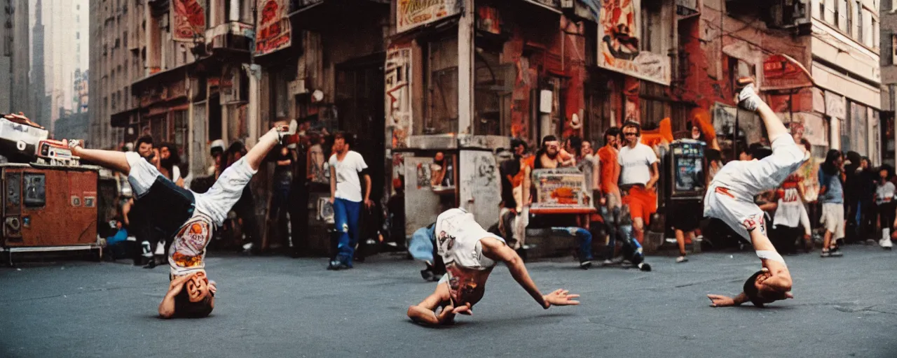 Image similar to 1 9 8 0's breakdancing next to a boombox,!!! spaghetti, nyc, afternoon light, detailed, canon 2 0 mm, wes anderson, kodachrome