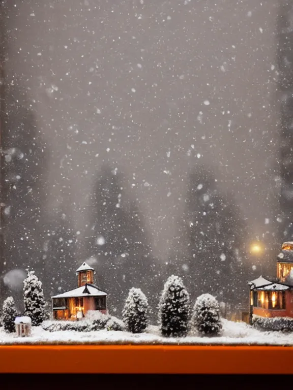 Image similar to snow globe diorama of tiny soviet residential building, lights are on in the windows, cozy atmosphere, fog, cold winter, snowing, streetlamps with orange volumetric light, birches