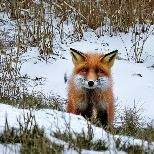 Prompt: fox eating snow