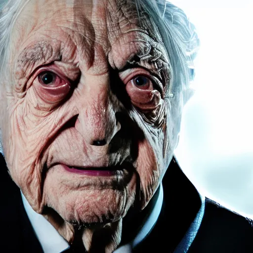 Image similar to Portrait of George Soros as darth sidious from starwars, splash art, movie still, cinematic lighting, dramatic, octane render, long lens, shallow depth of field, bokeh, anamorphic lens flare, 8k, hyper detailed, 35mm film grain