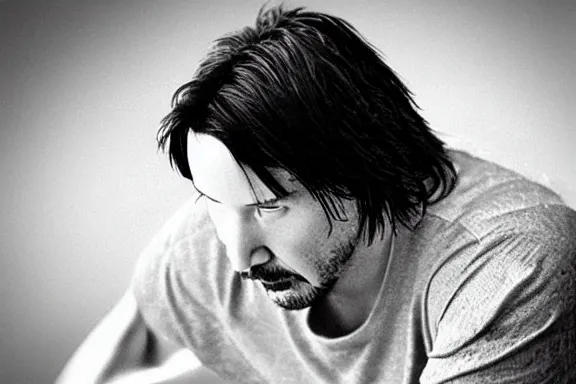 Prompt: “ very very intricate photorealistic photo of keanu reeves sitting on a bench, detailed natural lighting, award - winning crisp details ”