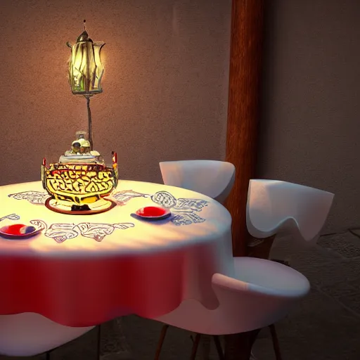 Prompt: Grogu sits at an itailian restaurant dining booth with a white table cloth and fine china, in the center of the table is a flickering candle, surrounding the candle are some small colorful translucent butterflies, Grogu tries to catch a butterfly with big translucent wings. 4K. HDR, UE5, octane, artstation