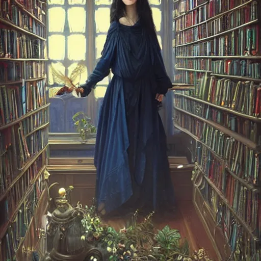 Prompt: portrait of a woman standing in fantasy library, regal dark blue clothes, black hair, books, flowers, sharp focus, intricate, cinematic lighting, smooth, ultra realistic illustration, high fantasy, elegant, artgerm, greg rutkowski, alphonse mucha magali villeneuve