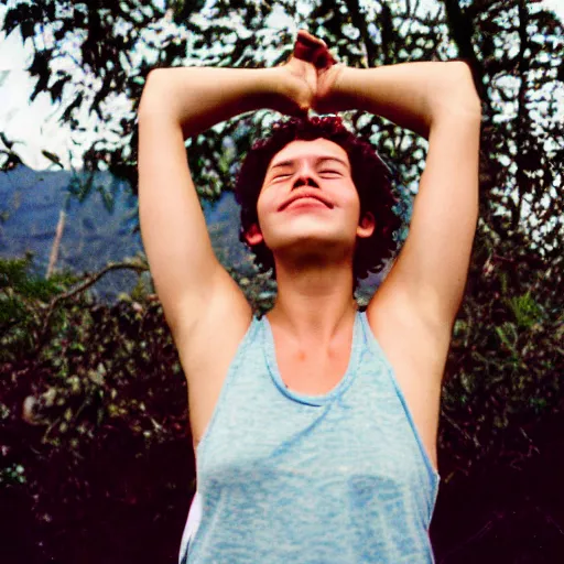 Prompt: cute young woman, short blue hair, tank top, arms raised above her head, cottagecore, razorfree, hippie, naturist, portrait photography, portra 800