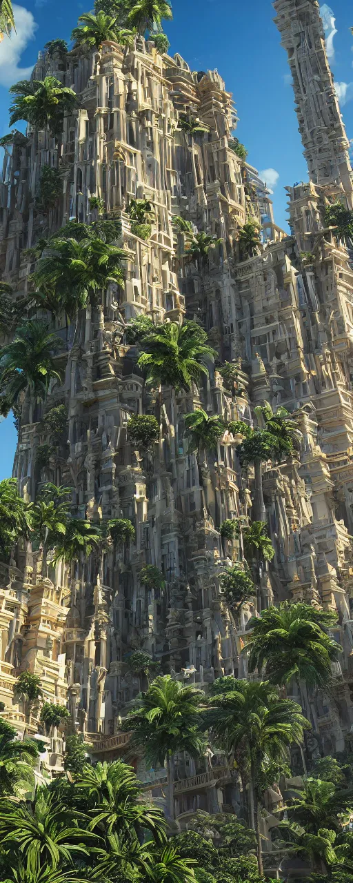 Image similar to epic eye level view of a contemporary tower, golden intricate details, stone facade, sacred architecture, hanging gardens, cascading highrise, arid mountains with lush palm forest, photorealistic, sunlight, 8 k, post - production, octane, cgi, sfx