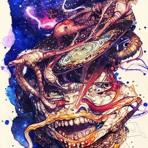 Image similar to cosmic pizza, watercolor, pen and ink, intricate line drawings, by Yoshitaka Amano, Ruan Jia, Kentaro Miura, Artgerm, detailed, trending on artstation, hd, masterpiece,