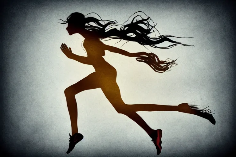 Image similar to beautiful serene running woman, healing through motion, life, minimalistic golden and ink airbrush painting on white background, pristine