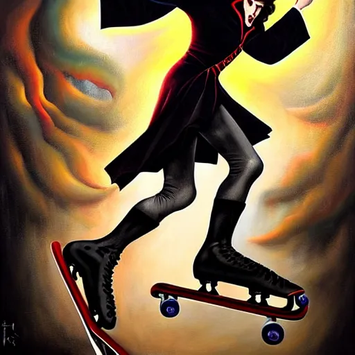 Prompt: dynamic composition, a painting of dracula the vampire skating on roller skates in a medieval roller rink, a surrealist painting by tom bagshaw and jacek yerga and tamara de lempicka and jesse king, featured on cgsociety, featured on artstation, pop surrealism, surrealist, dramatic lighting, wiccan, full body portrait, pre - raphaelite, ornate gilded details