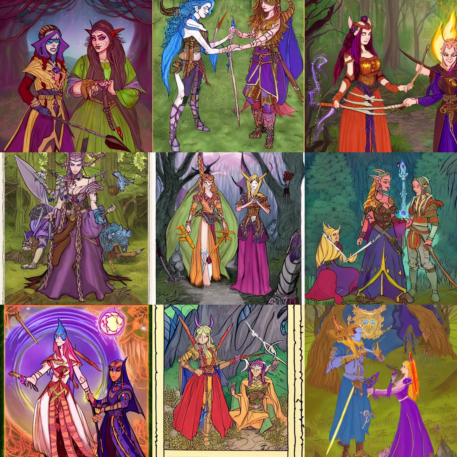 Prompt: a dungeons and dragons illustration of a badass psychic warrior jester woman with elegant long colorful festival braids wearing an odd elven gown and accompanied by a firewolf in the middle of a forest while she readies her bow for battle