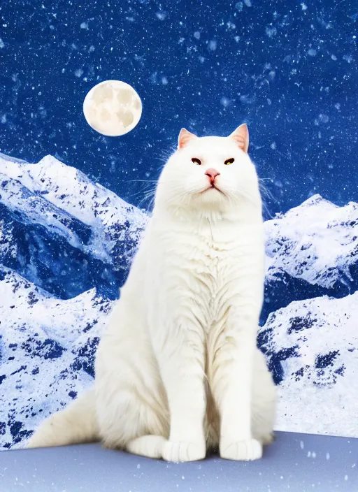 Prompt: giant white cat on a snowy mountain with lightning coming out of its paws, blue sky background with moon