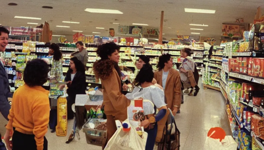 Prompt: 1990s candid photo of a beautiful day at the grocery store, cinematic lighting, cinematic look, golden hour, large costumed mascot business people giving space presentations to families, Enormous personified business people with outstandingly happy faces coming out of a portal and talking to families about planets and galaxies, floating tiny planets, UHD