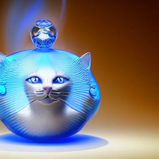 Image similar to An elegantly designed perfume bottle, in the form of a cat, half filled with liquid, very detailed, high refraction, soft blue volumetric lighting, DoF narrow, octane render UHD, made by René Lalique