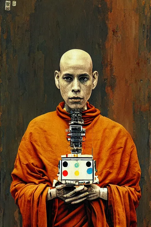 Image similar to robot monk painting a self - portrait on a canvas. intricate, highly detailed, photorealistic, film still, by christopher doyle.