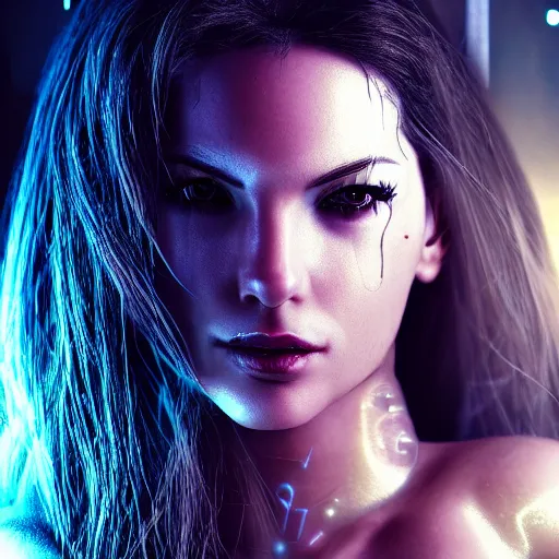 Image similar to realistic detailed portrait of Cyberpunk woman, portrait, long dark hair, cyber implants, Cyberpunk, Sci-Fi, science fantasy, Kelly Brook, glowing skin, full body, beautiful girl, extremely detailed, sharp focus, model