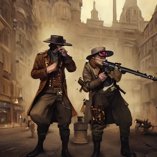 Prompt: oil painting of two pigeons holding guns, berets, medium shot, steampunk clothes, steampunk city background, sharp focus, fantasy style, octane render, volumetric lighting, 8k high definition, by greg rutkowski and james gilleard, highly detailed, trending on artStation, explosions, magic the gathering artwork, centered, 8k, hd