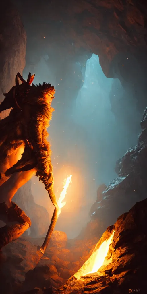 Image similar to a epic hero adventurer holding a torch in a dark cave, fantsy, concept art, artgerm, monster hunter world, 8 k realistic, radiant light, frostbite 3 engine, dof, cryengine, digital art, detailed background