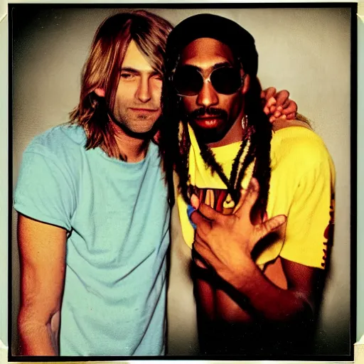 Image similar to Polaroid photograph of Kurt Cobain and Tupac Shakur, XF IQ4, 150MP, 50mm, F1.4, ISO 200, 1/160s, natural light, Adobe Lightroom, photolab, Affinity Photo, PhotoDirector 365,