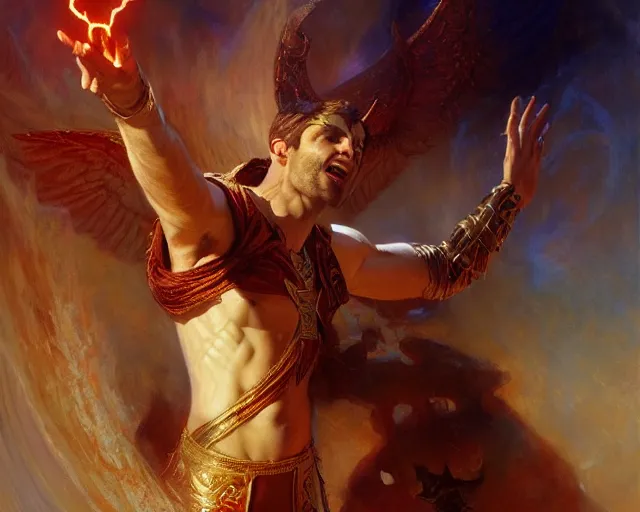 Image similar to attractive male deity, casting demonic magic, summoning handsome lucifer morning star. highly detailed painting by gaston bussiere, craig mullins, j. c. leyendecker 8 k