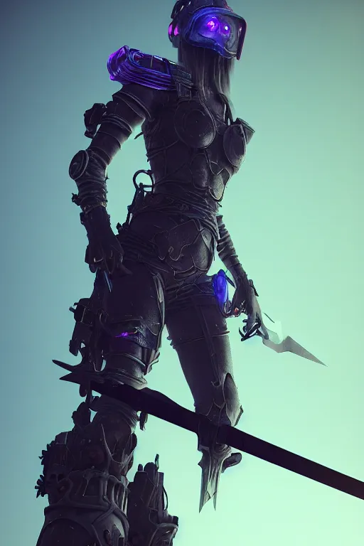 Prompt: [ grimes in medieval cyberpunk armor ]! holding a [ sword in her hand ]! looking out into the [ futuristic cyberpunk city ]!, 3 d render!, trending on [ zbrush ], 4 k!, cgsociety contest winner, award winning, neon! lighting, neon subsurface scattering!, intricate, full - body!, volumetric lighting!