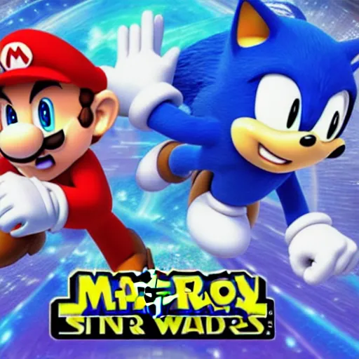 Image similar to super mario, kirby, sonic the hedgehog, super smash bros, star wars themed movie poster high detail accurate eyes and good gesture poses, pokemon anime cartoon style