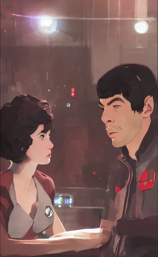 Image similar to Celia Rose Gooding as Uhura and Ethan Peck as Spock caught about to kiss, surprise, cute, innocent, soft lighting, standing in a starbase bar, In style of Yoji Shinkawa, wojtek fus, by Makoto Shinkai, concept art, highly detailed