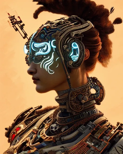 Image similar to portrait of a machine from horizon zero dawn, machine face, upper body, decorated with chinese opera motifs, asian, traditional chinese art, intricate, elegant, highly detailed, digital painting, artstation, concept art, smooth, sharp focus, illustration, art by artgerm and greg rutkowski and alphonse mucha, 8 k