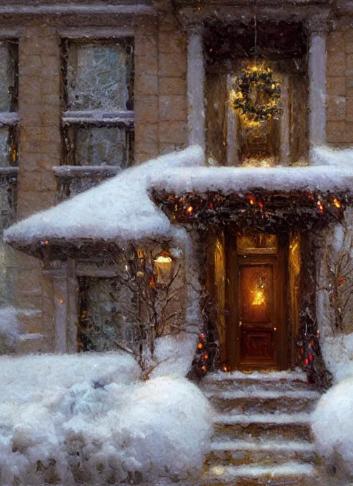 Image similar to new york apartment building in winter, close up of wreath on door, snow, artwork by gaston bussiere, craig mullins, trending on artstation