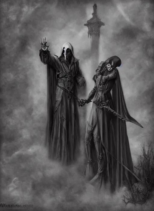 Image similar to the grim reaper meetup with dracula. gustave dore and anne stokes, highly detailed, octane render