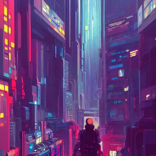 Prompt: a beautiful painting of a cyberpunk city by sachin teng and pascal blanche and ralph mcquarrie and greg rutkowski. in style of futurism art. ( ( colorful comic ) ), ( ( film noirs ) ), ( ( brush stroke ) ), ( ( vibrating colors ) ), hyper detailed. 4 k texture. octane render. trending on artstation