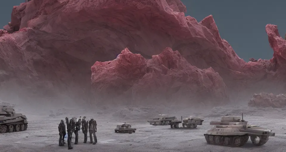 Prompt: alien red desert, foreground giant Fluorite art deco crystals out of the ground, Nordic rocky desert environment, background grey troopers and bounty hunters standing near their huge sci-fi futuristic tank | 35mm | arch viz , Matte painting, octane render, 8k, corona render, movie concept art, bio-luminescence, liquid, mist, caustics, epic mood, cinematic, hyper detailed, insanely detailed and intricate, portrait, hyper maximalist, cinematic, octane render, colorful redshift render, 8k