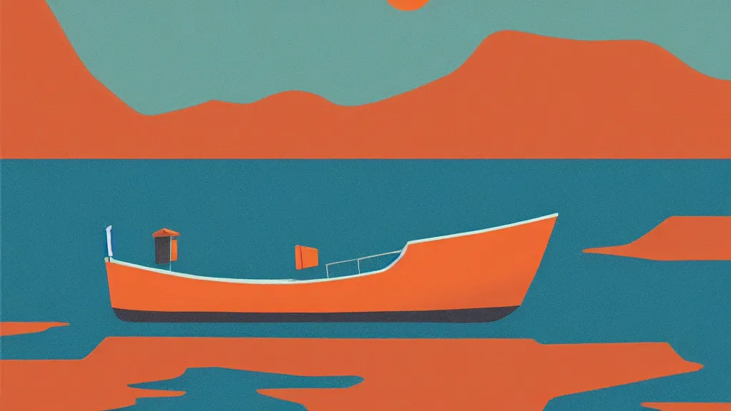 Image similar to a pale orange boat floating on top of a body of water, a vintage poster screenprint by Tom Whalen, behance contest winner, australian tonalism, pale gradients design, matte drawing, outrun, low poly