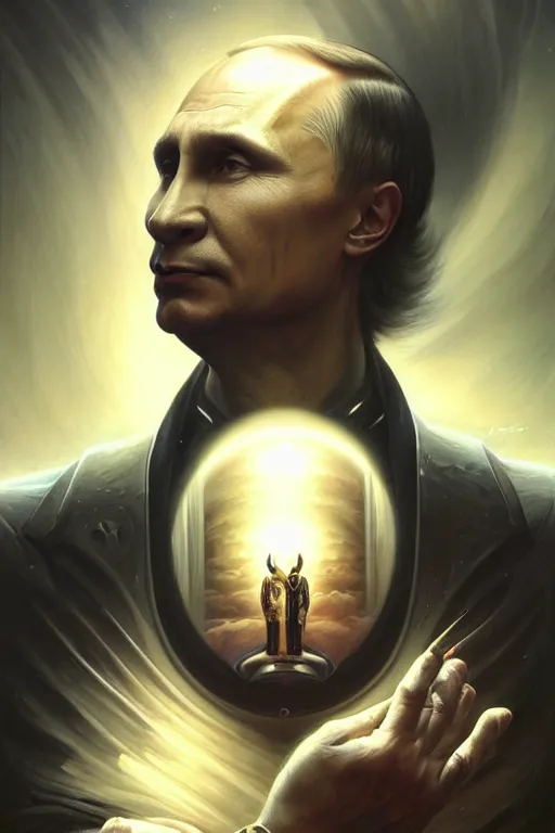 Image similar to a portrait of intergalactic vladimir putin, grim - lighting, high - contrast, intricate, elegant, highly detailed, centered, digital painting, artstation, concept art, smooth, sharp focus, illustration, artgerm, tomasz alen kopera, peter mohrbacher, donato giancola, joseph christian leyendecker, wlop, boris vallejo