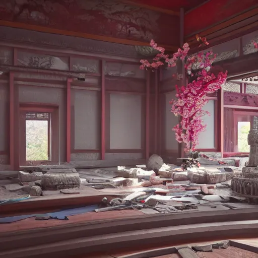 Image similar to destroyed old shintoist temple interior, detailed, jewelry, sakura,photograph, award wining, red and white, trending on artstation, 4k, unreal engine 5, octane render, neon highlights