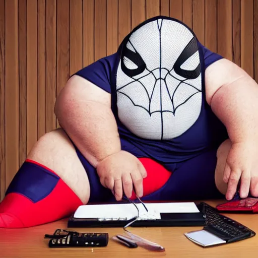 Image similar to portrait photo of old, fat spiderman with a mask doing taxes