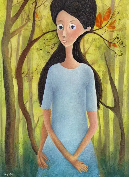 Image similar to a wonderful childrens illustration book portrait painting of a woman with serene emotion, art by tracie grimwood, forest, trees, many leaves, birds, whimsical, aesthetically pleasing and harmonious natural colors