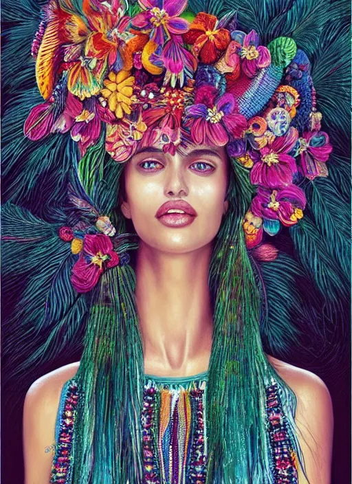 Image similar to beautiful portrait of Irina Shayk wearing fantastic Hand-dyed cotton dress,embellished beaded feather decorative fringe knots ,colorful pigtail,subtropical flowers and plants,symmetrical face,intricate,elegant,highly detailed,8k,digital painting,trending on pinterest,GUCCI,PRADA,harper's bazaar,concept art, sharp focus,illustration,by artgerm,Tom Bagshaw,Lawrence Alma-Tadema,greg rutkowski,Alphonse Mucha