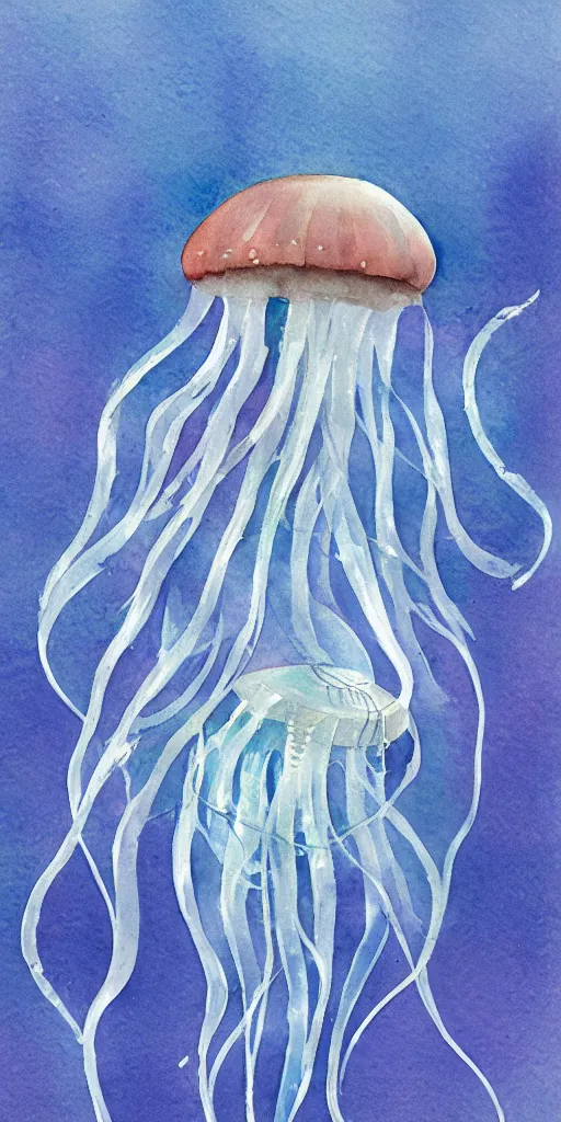 Image similar to a realist watercolor painting of a beautiful jellyfish swimming underwater, trending on artstation, in the style of joseph zbukvic