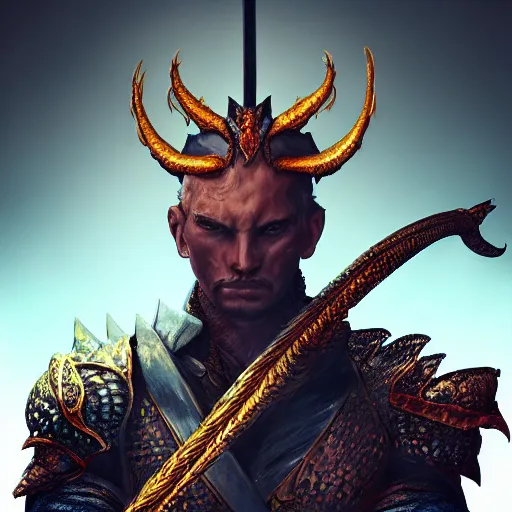 Image similar to portait of a dragon man knight holding sword, digital art, digital painting, masterpiece, elegant, hyper realistic, award winning, 8 k, behance, artstation, unreal engine 5, octane render, masterpiece, sharp focus, intricate, ornate