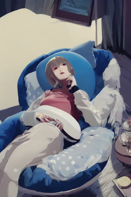 Prompt: a cute young woman lying in a ball chair listening to music with her eyes closed and wearing headphones, white bob cut hair, freckles, cozy setting, blue and white, warm lighting, cinematic, moody, nier automata, poster, oil on canvas, in the style of Ilya Kuvshinov, Krenz Cushart, Range Murata, Eero Aarnio, 8k