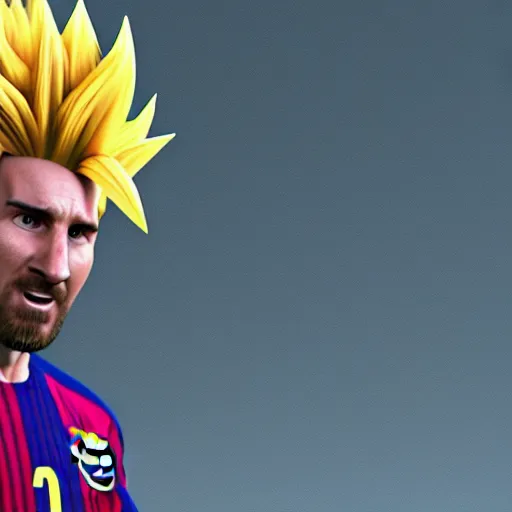 Image similar to ultra - realistic, 3 d render of lionel messi going super - saiyan, octane render, zbrush