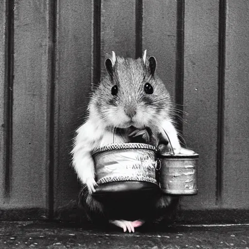 Image similar to “ hamster dressed as a homeless person sitting at an intersection with arms stretched out holding a tin can ”