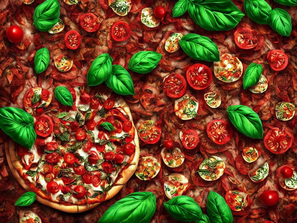 Image similar to highly detailed 3 d render of the mythical tree yggdrasil with leaves that look like pizza toppings, tomato, mozzarella, basil, hyper realistic octane render, cinematic lighting, deviantart, lowbrow, surrealism, pixar still